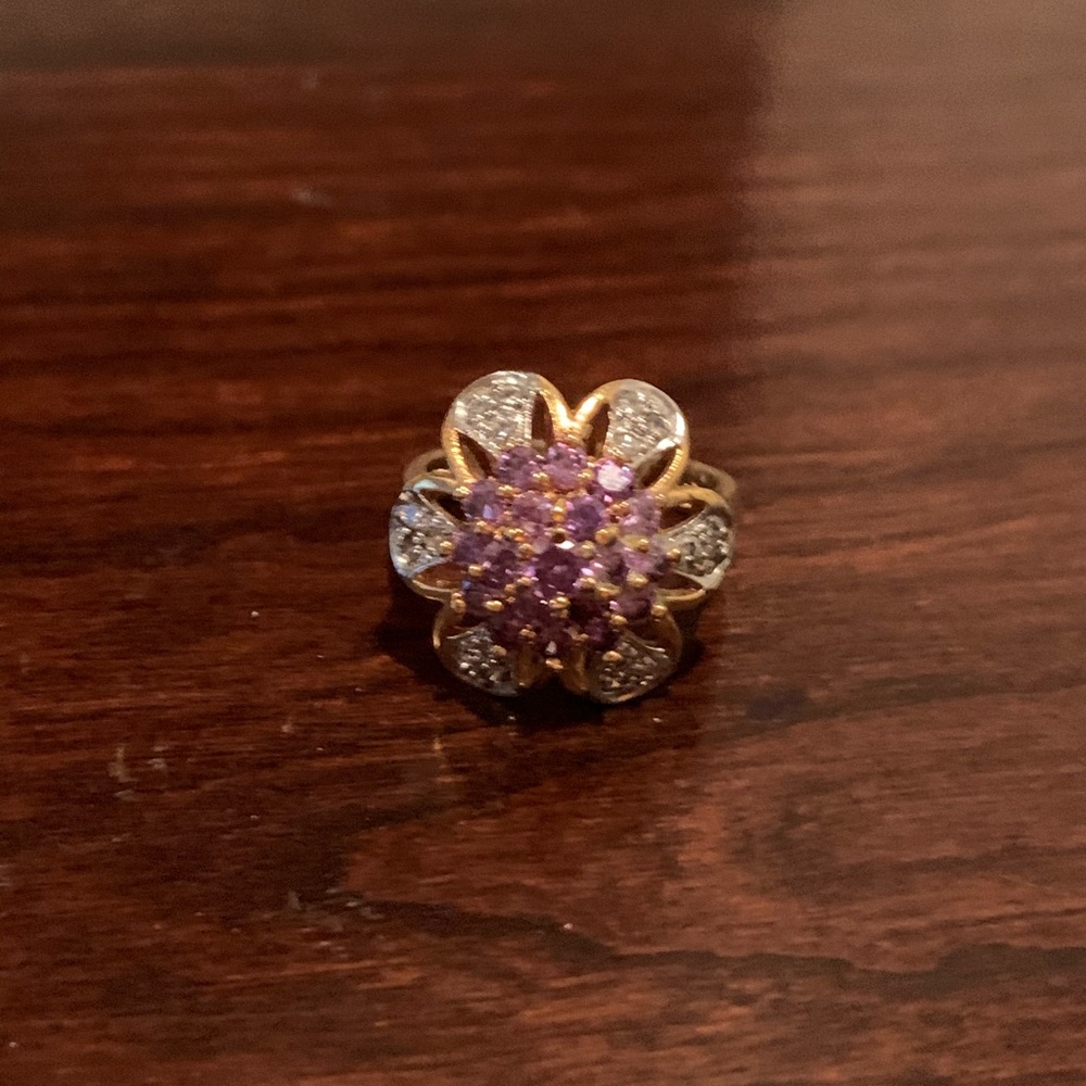 Jeweled Flower Gold Ring, size 7